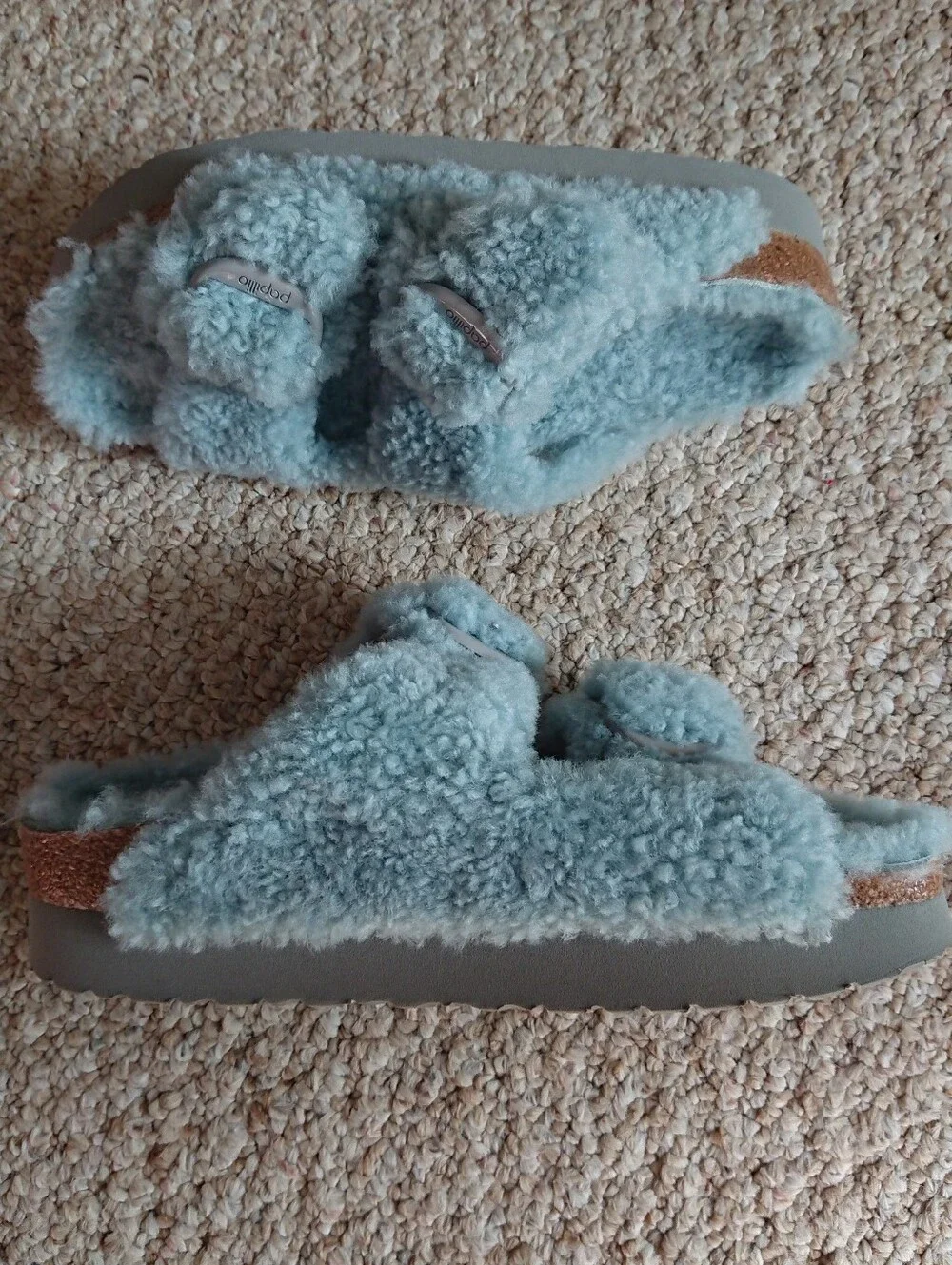 Birkenstock Papillio Buckle Shearling Platform Teddy Aqua blue Slide sz 8.5/250